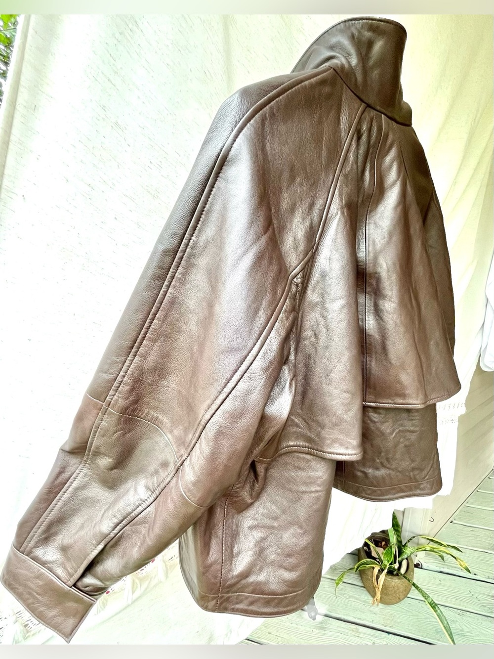 Zara 100% Leather Bomber Jacket High Neck Long Sleeves Cuffs Brown Medium NEW - Picture 12 of 16